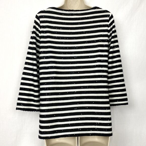 Talbots Sweater Womens Large Sequin Striped Black White Scoop Neck Top Holiday - Picture 2 of 8